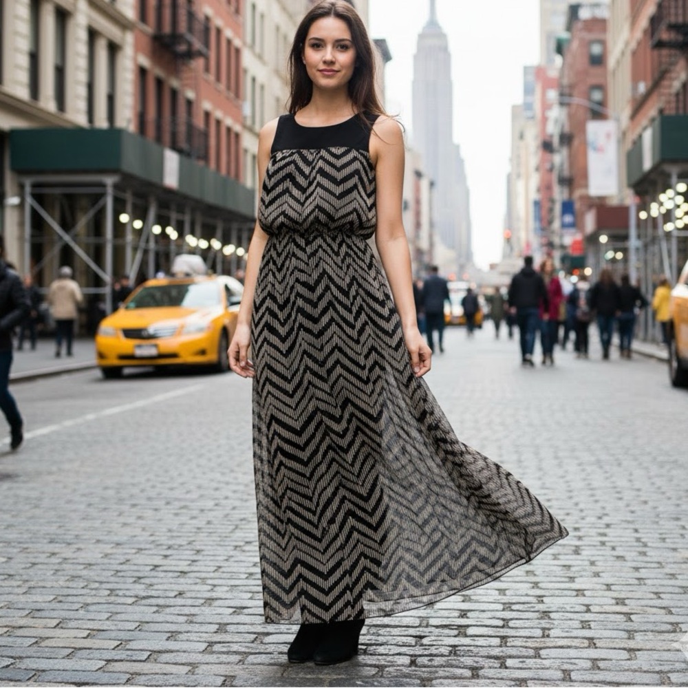 Early 2010’s ENFOCUS Studio Black & Tan Geometric Print Sheer Layer Maxi Dress 6